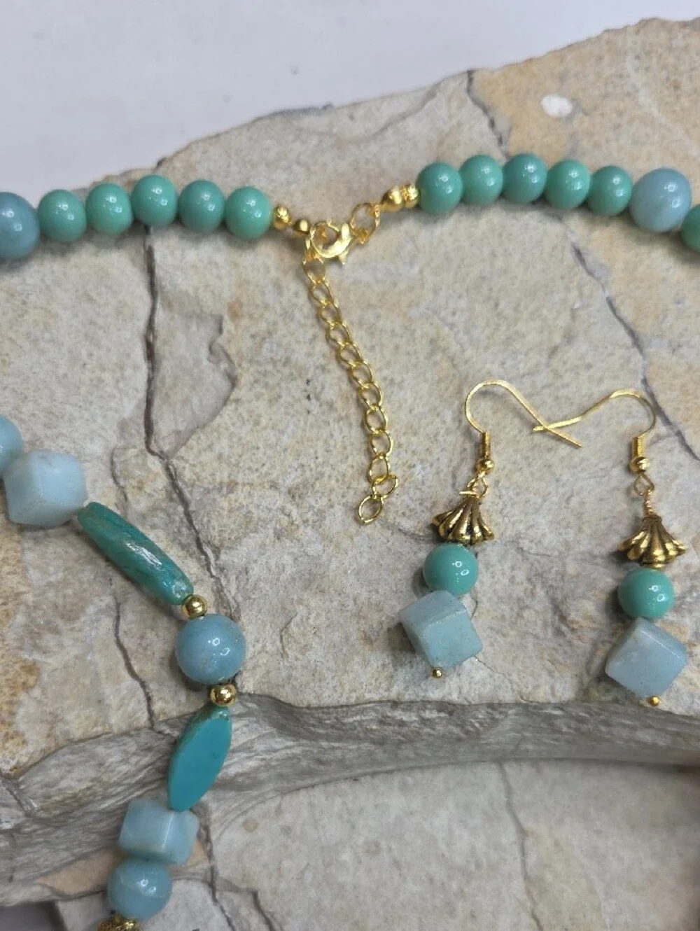 10K Solid Gold Aisan Jade Pendant On Amazonite & Glass Beads Necklace & Earring